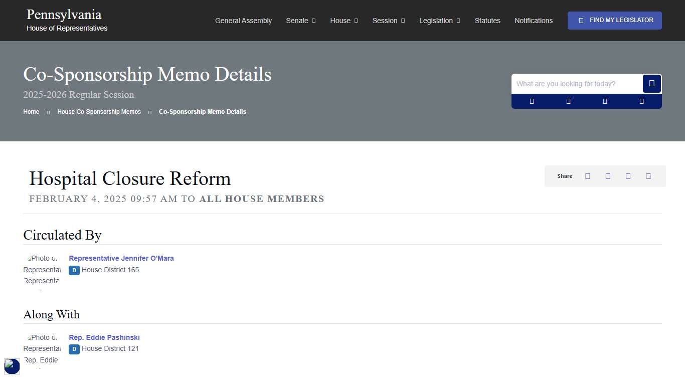 House Co-Sponsorship Memo 45510 Information; 2025-2026 Regular Session - PA House of Representatives
